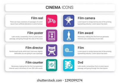 Set of 8 white cinema icons such as Film reel, Poster, director, counter, film camera, award isolated on colorful background