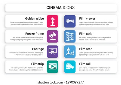 Set of 8 white cinema icons such as Golden globe, freeze frame, footage, filmstrip, Film viewer, strip isolated on colorful background