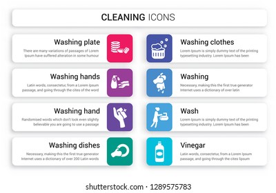 Set of 8 white cleaning icons such as Washing plate, WASHING HANDS, hand, dishes, clothes, isolated on colorful background