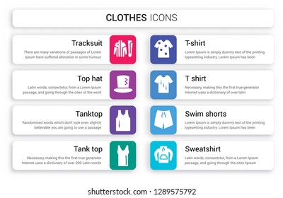 Set of 8 white clothes icons such as tracksuit, Top hat, tanktop, Tank top, T-shirt, T shirt isolated on colorful background