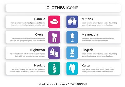 Set of 8 white clothes icons such as Pamela, Overall, Nightwear, necktie, Mittens, Mannequin isolated on colorful background