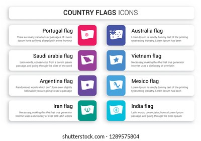 Set of 8 white country flags icons such as Portugal flag, Saudi Arabia Argentina Iran Australia Vietnam flag isolated on colorful background
