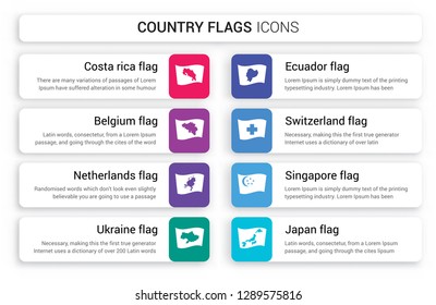 Set of 8 white country flags icons such as Costa Rica flag, Belgium Netherlands Ukraine Ecuador Switzerland flag isolated on colorful background