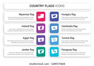 Set of 8 white country flags icons such as Myanmar flag, Ireland Egypt Jordan Hungary Cambodia flag isolated on colorful background