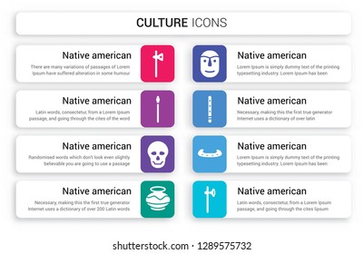 Set of 8 white culture icons such as Native American Tomahawk, Spear, Skull, Pot isolated on colorful background