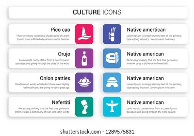 Set of 8 white culture icons such as Pico cao, Orujo, Onion Patties, Nefertiti, Native Amertican Arrows and Quiver, American Drum isolated on colorful background