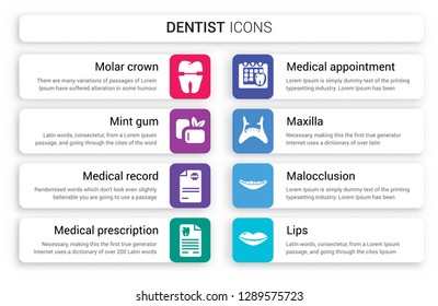 Set of 8 white dentist icons such as Molar crown, Mint gum, Medical record, prescription, appointment, Maxilla isolated on colorful background