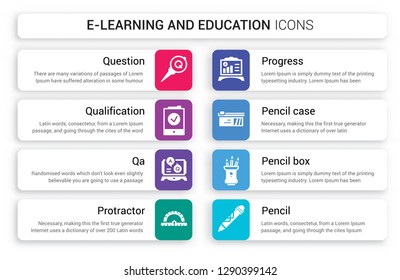 Set of 8 white e-learning and education icons such as Question, Qualification, QA, Protractor, Progress, Pencil case isolated on colorful background