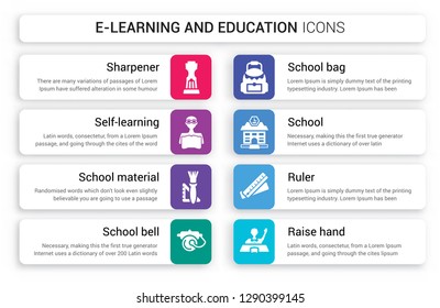 Set of 8 white e-learning and education icons such as Sharpener, self-learning, School material, bell, bag, isolated on colorful background