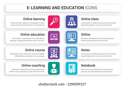 Set of 8 white e-learning and education icons such as Online learning, education, course, online coaching, class, isolated on colorful background