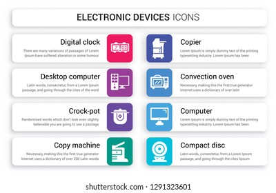 Set of 8 white electronic devices icons such as Digital clock, Desktop computer, crock-pot, Copy machine, copier, convection oven isolated on colorful background