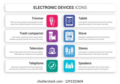 Set of 8 white electronic devices icons such as trimmer, trash compactor, Television, Telephone, Tablet, Stove isolated on colorful background