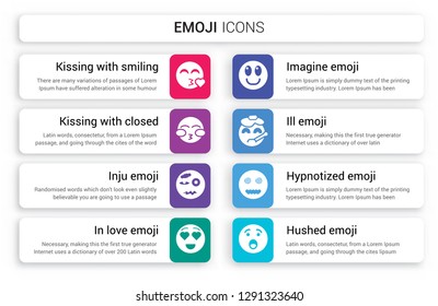 Set of 8 white emoji icons such as Kissing With Smiling Eyes emoji, Closed Inju In love Imagine Ill isolated on colorful background