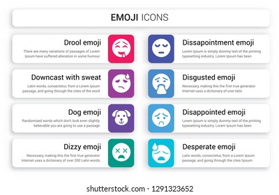 Set of 8 white emoji icons such as Drool emoji, Downcast With Sweat Dog Dizzy Dissapointment Disgusted isolated on colorful background