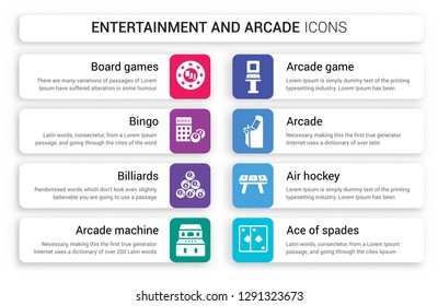 Set of 8 white entertainment and arcade icons such as Board games, Bingo, Billiards, Arcade Machine, game, isolated on colorful background