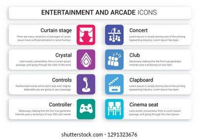 Set of 8 white entertainment and arcade icons such as curtain stage, Crystal, Controls, Controller, Concert, Club isolated on colorful background
