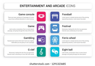 Set of 8 white entertainment and arcade icons such as Game console, Game, Gambling, G clef, Foosball, festival isolated on colorful background