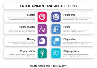 Set of 8 white entertainment and arcade icons such as Roulette, Roller coaster, Racing, Puppet show, Poker chip, isolated on colorful background