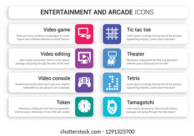 Set of 8 white entertainment and arcade icons such as Video game, editing, console, Token, Tic tac toe, Theater isolated on colorful background