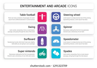 Set of 8 white entertainment and arcade icons such as Table football, Swing, Surfboard, Super nintendo, Steering wheel, Spinner isolated on colorful background