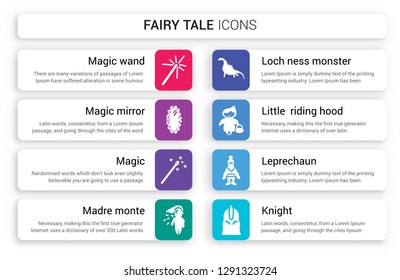 Set of 8 white fairy tale icons such as Magic wand, mirror, Magic, Madre monte, Loch ness monster, Little  riding hood isolated on colorful background