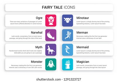 Set of 8 white fairy tale icons such as ogre, Narwhal, myth, Monster, Minotaur, Merman isolated on colorful background