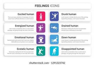 Set of 8 white feelings icons such as excited human, energized emotional ecstatic drunk drained human isolated on colorful background