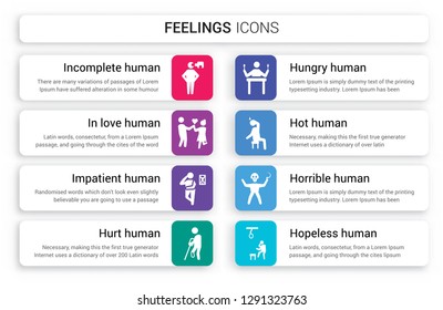 Set of 8 white feelings icons such as incomplete human, in love impatient hurt hungry hot human isolated on colorful background