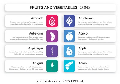 Set of 8 white fruits and vegetables icons such as Avocado, Aubergine, Asparagus, Arugula, Artichoke, Apricot isolated on colorful background