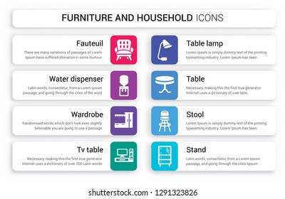 Set of 8 white furniture and household icons such as Fauteuil, Water dispenser, Wardrobe, Tv table, Table Lamp, isolated on colorful background