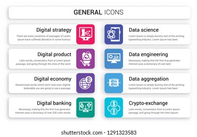 Set of 8 white general icons such as digital strategy, product, economy, banking, data science, engineering isolated on colorful background