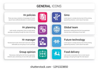 Set of 8 white general icons such as hr policies, planning, manager, group opinion, gmo, global team isolated on colorful background