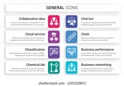 Set Of 8 White General Icons Such As Collaborative Idea, Cloud Service, Classification, Chemical Lab, Chat Bot, Chain Isolated On Colorful Background