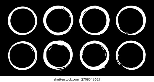 Set of 8 white grunge coffee cup stains on black background. Vector circular drink marks for cafe design, posters and rustic decoration