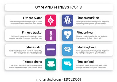 Set of 8 white gym and fitness icons such as Watch, Fitness Tracker, Step, Shorts, Nutrition, Heart isolated on colorful background