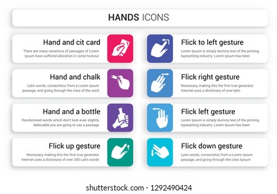 Set of 8 white hands icons such as Hand and Cit Card, Chalk, a Bottle, Flick Up gesture, to Left Right gesture isolated on colorful background