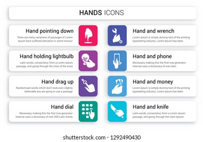Set of 8 white hands icons such as hand Pointing down, holding Lightbulb, Drag Up, Dial, Hand and Wrench, Phone isolated on colorful background