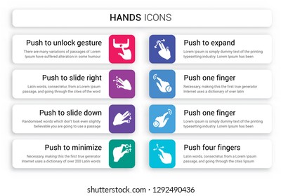 Set of 8 white hands icons such as Push to unlock gesture, slide right and left down, minimize gesture isolated on colorful background