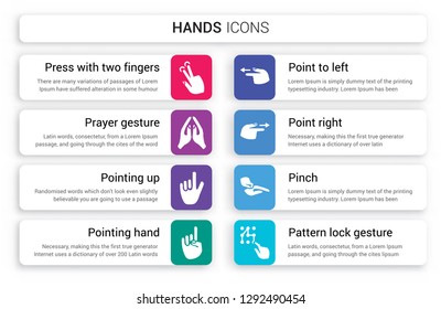 Set of 8 white hands icons such as Press with two fingers, Prayer gesture, Pointing up, hand, Point to Left, Right isolated on colorful background