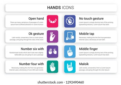 Set of 8 white hands icons such as Open hand, Ok gesture, Number six with fingers, four finger, No touch Mobile Tap isolated on colorful background