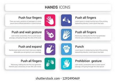 Set of 8 white hands icons such as Push four fingers, and wait gesture, expand all fingers to twist left isolated on colorful background