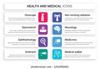 Set of 8 white health and medical icons such as Otoscope, Optometrist, Ophthalmology, Ointment, Non ionizing radiation, Neurology isolated on colorful background