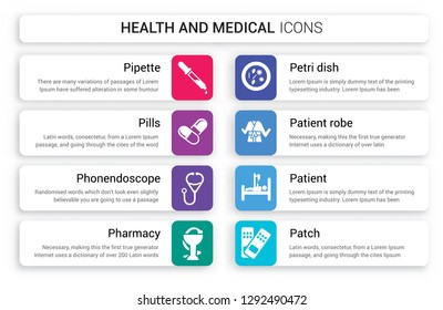 Set of 8 white health and medical icons such as Pipette, Pills, Phonendoscope, Pharmacy, Petri dish, Patient robe isolated on colorful background