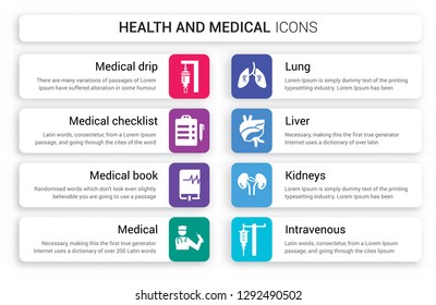 Set of 8 white health and medical icons such as drip, Checklist, Medical Book, Medical, Lung, Liver isolated on colorful background