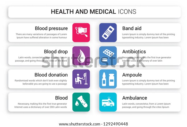 Set of 8 white health and medical icons such\
as Blood pressure, drop, donation, Blood, Band aid, Antibiotics\
isolated on colorful\
background