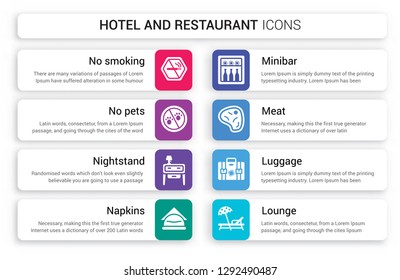 Set of 8 white hotel and restaurant icons such as No smoking, pets, Nightstand, Napkins, Minibar, Meat isolated on colorful background