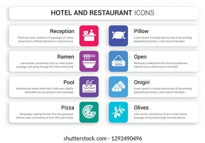 Set of 8 white hotel and restaurant icons such as Reception, Ramen, Pool, Pizza, Pillow, Open isolated on colorful background
