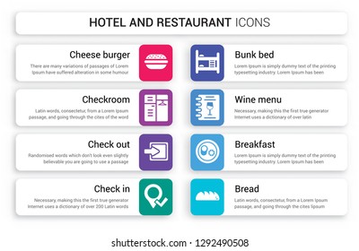 Set of 8 white hotel and restaurant icons such as Cheese burger, Checkroom, Check out, in, Bunk bed, Wine menu isolated on colorful background