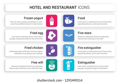 Set of 8 white hotel and restaurant icons such as Frozen yogurt, Fried egg, chicken, Free wifi, Food, Five stars isolated on colorful background