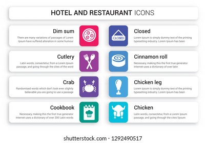 Set of 8 white hotel and restaurant icons such as Dim sum, Cutlery, Crab, Cookbook, Closed, Cinnamon roll isolated on colorful background